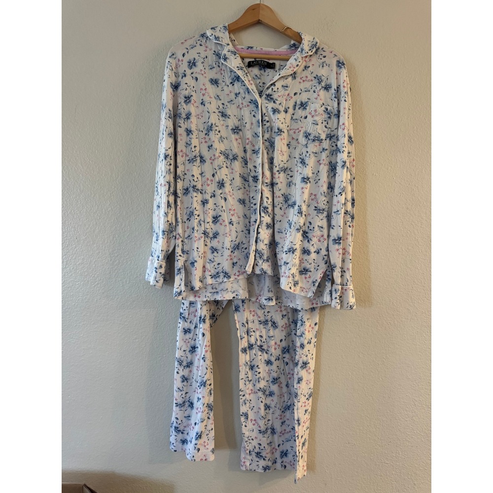Lauren Ralph Lauren Floral Pajama Set Long Sleeve Button Down M Blue White Mint